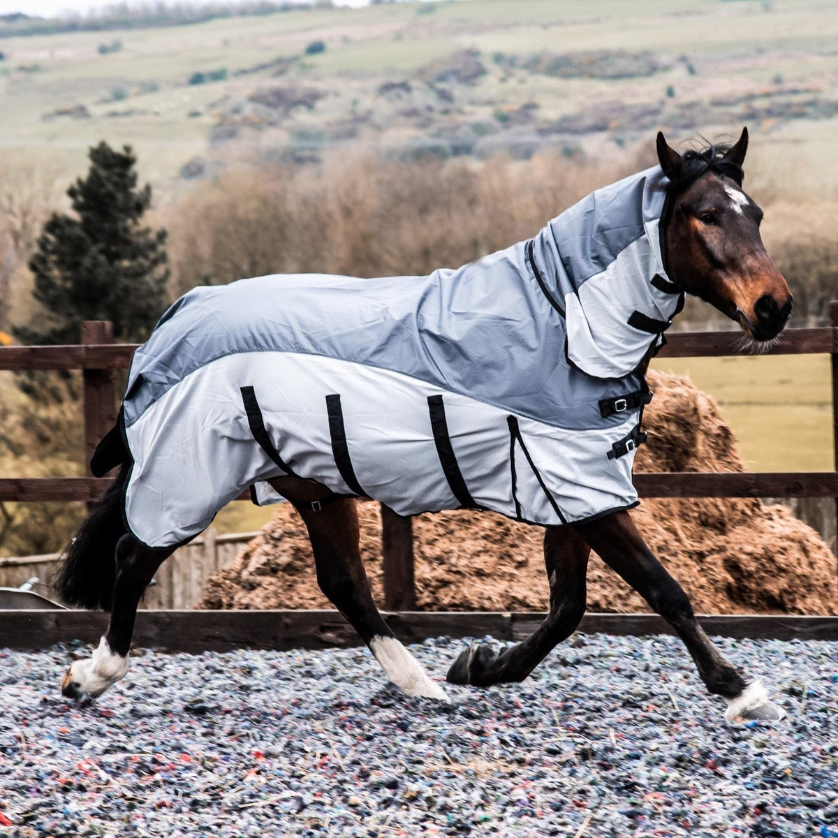 600D 2 in 1 Lightweight Waterproof Fly Turnout Mesh Horse Rug Fixed Neck Grey/Silver