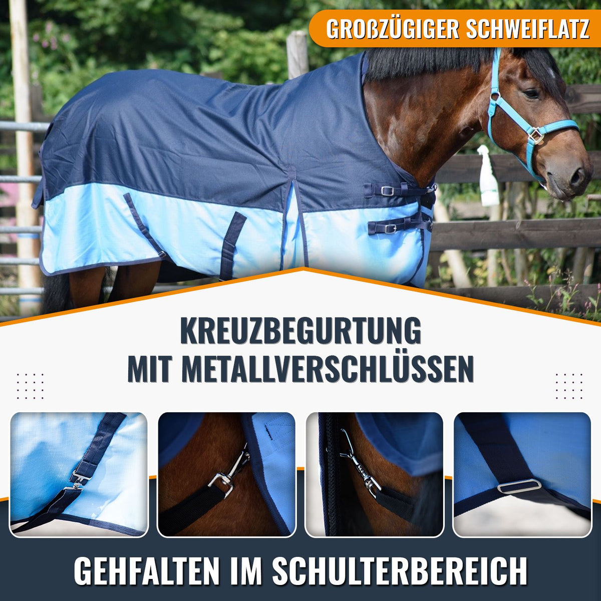 1200D Lightweight Waterproof Horse Turnout Rug 0g No Fill Half Neck Navy/Baby Blue