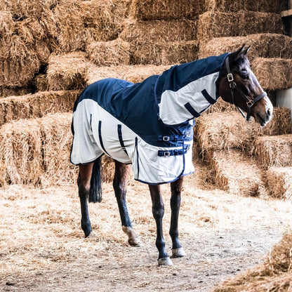 600D 2 in 1 Lightweight Waterproof Fly Turnout Mesh Horse Rug Fixed Neck Navy/Silver