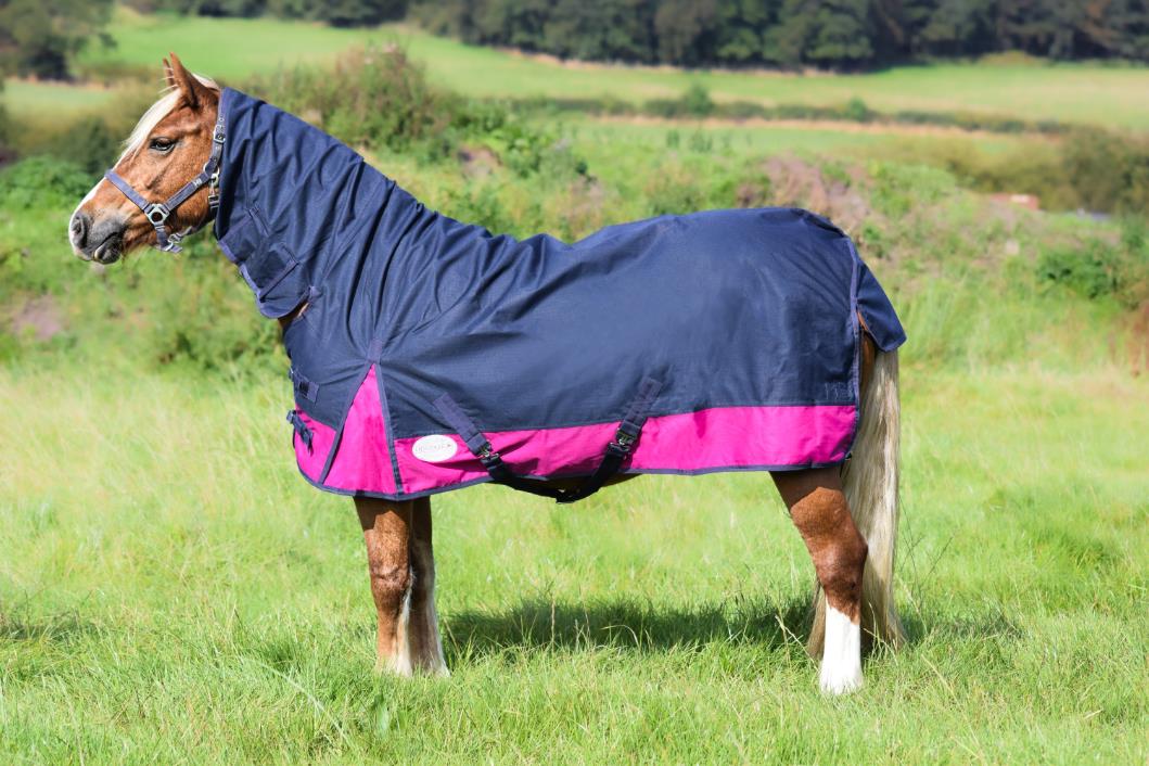 600D Mediumweight Waterproof Horse Turnout Rug 50g Fill Combo Full Neck Navy/Raspberry