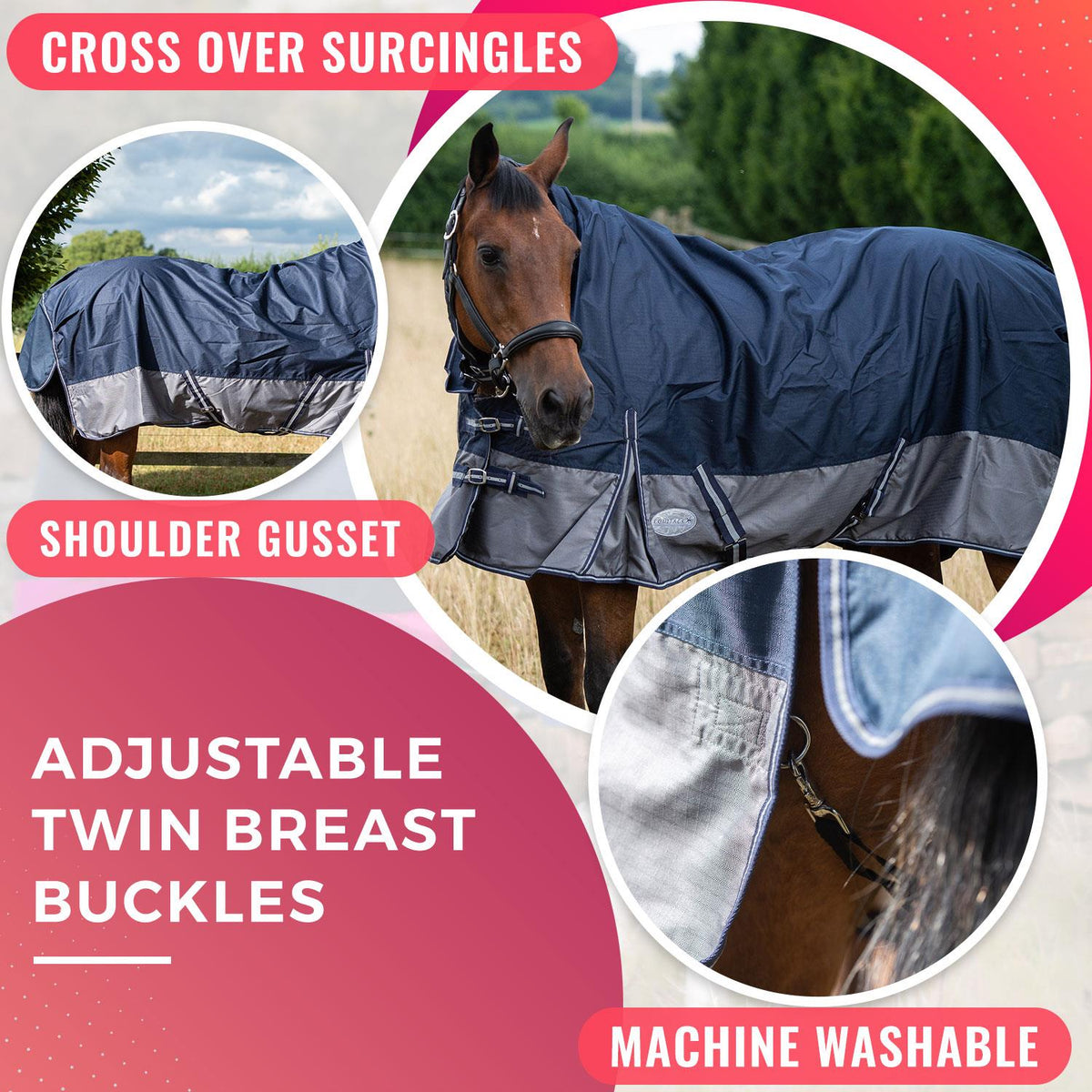 600D Lightweight Waterproof Horse Turnout Rug 0g No Fill Combo Full Neck Navy/Grey