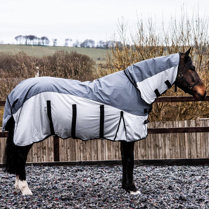 600D 2 in 1 Lightweight Waterproof Fly Turnout Mesh Horse Rug Fixed Neck Grey/Silver