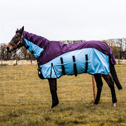600D 2 in 1 Lightweight Waterproof Fly Turnout Mesh Horse Rug Fixed Neck Burgundy/Blue
