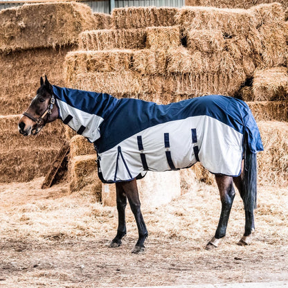 600D 2 in 1 Lightweight Waterproof Fly Turnout Mesh Horse Rug Fixed Neck Navy/Silver