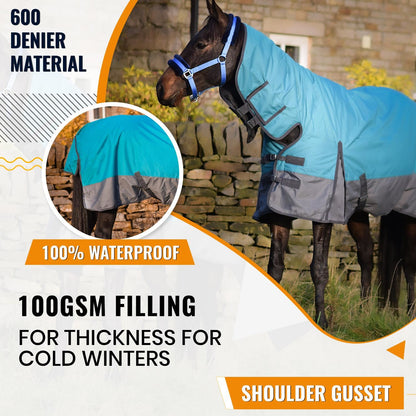 600D Mediumweight Waterproof Horse Turnout Rug 100g Fill Combo Full Neck Aqua/Dark Grey