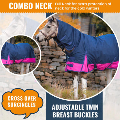 600D Mediumweight Waterproof Horse Turnout Rug 50g Fill Combo Full Neck Navy/Raspberry