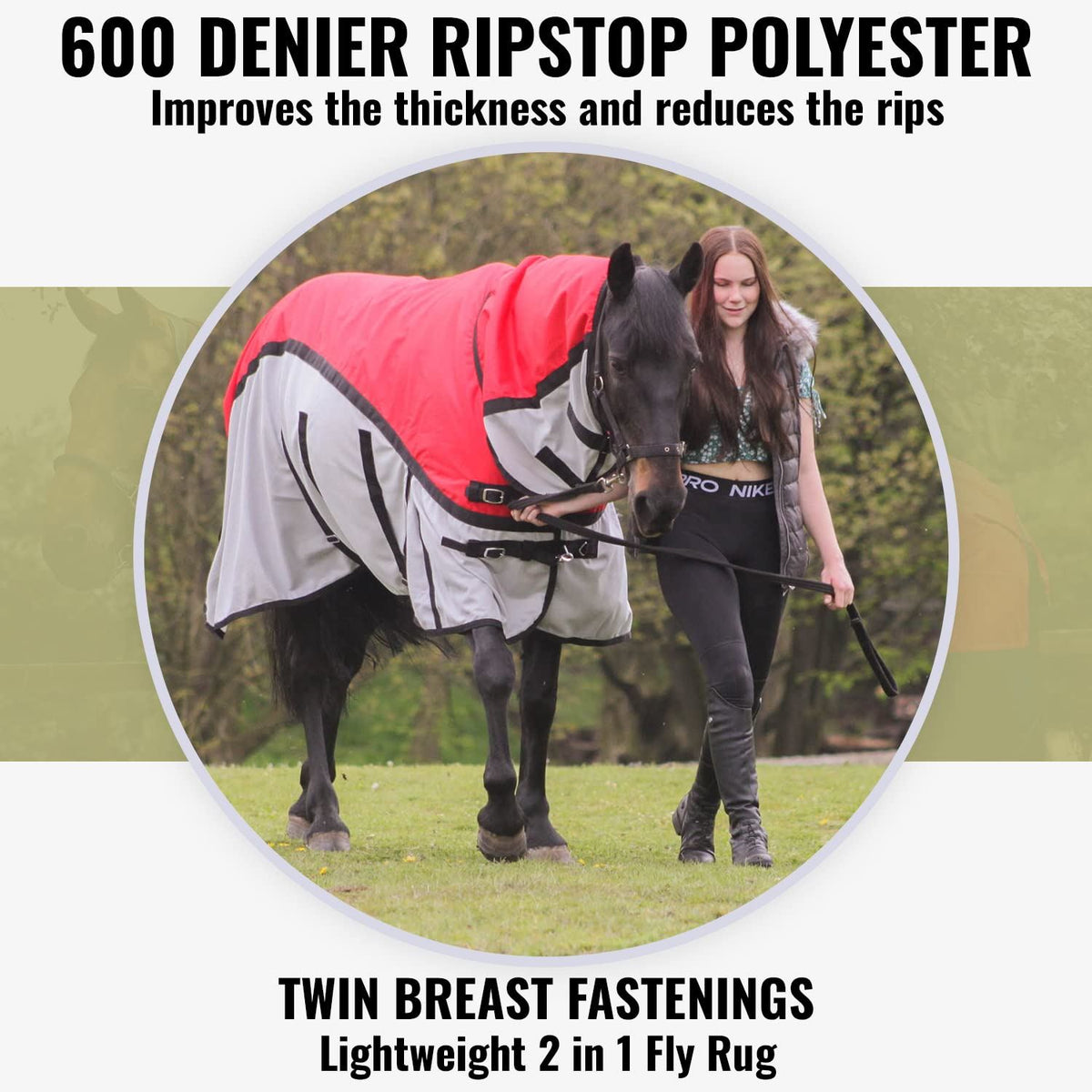 600D 2 in 1 Lightweight Waterproof Fly Turnout Mesh Horse Rug Fixed Neck Red/Grey