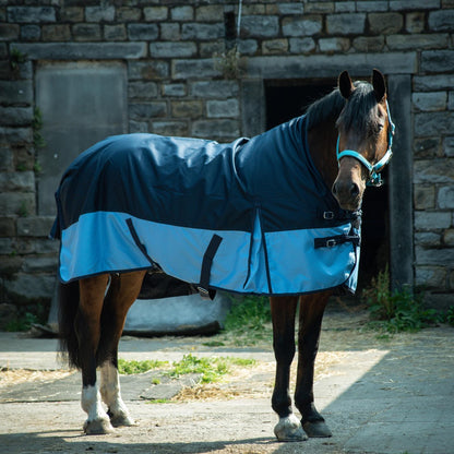 600D Lightweight Waterproof Horse Turnout Rug 0g No Fill Half Neck Navy/Baby Blue