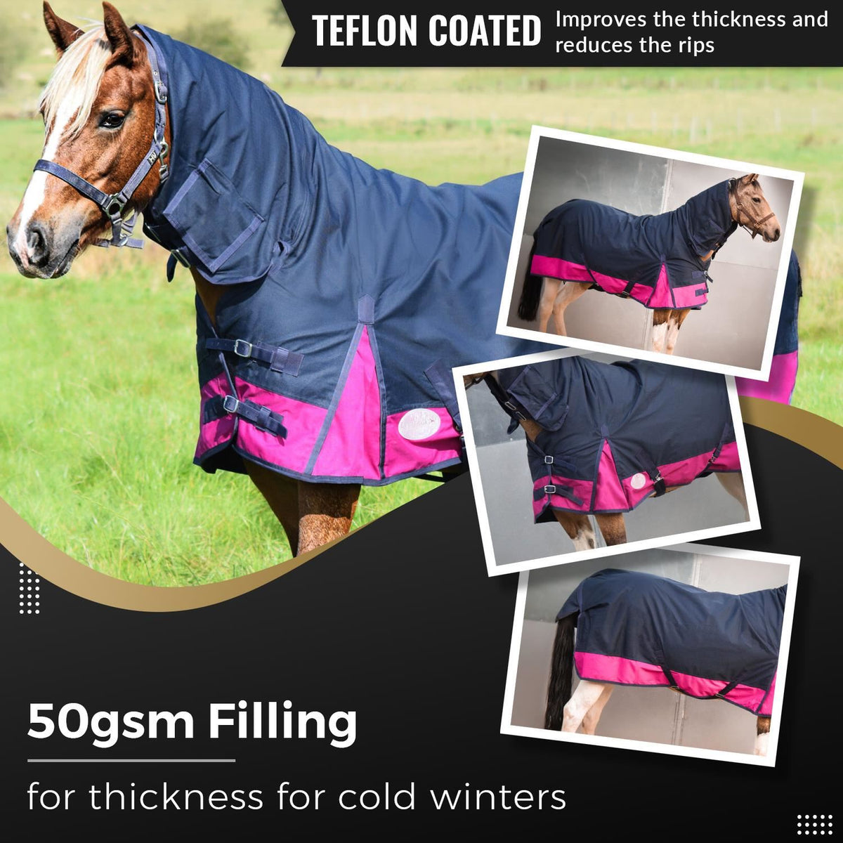 1200D Mediumweight Waterproof Horse Turnout Rug 50g Fill Combo Full Neck Navy/Raspberry