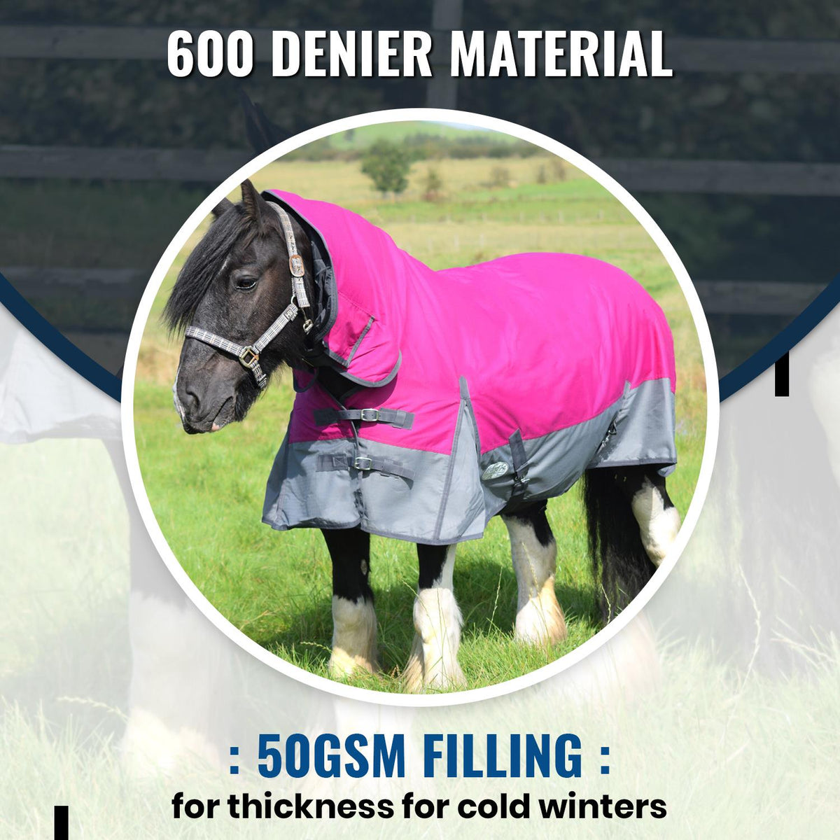 600D Mediumweight Waterproof Horse Turnout Rug 50g Fill Combo Full Neck Raspberry/Dark Grey