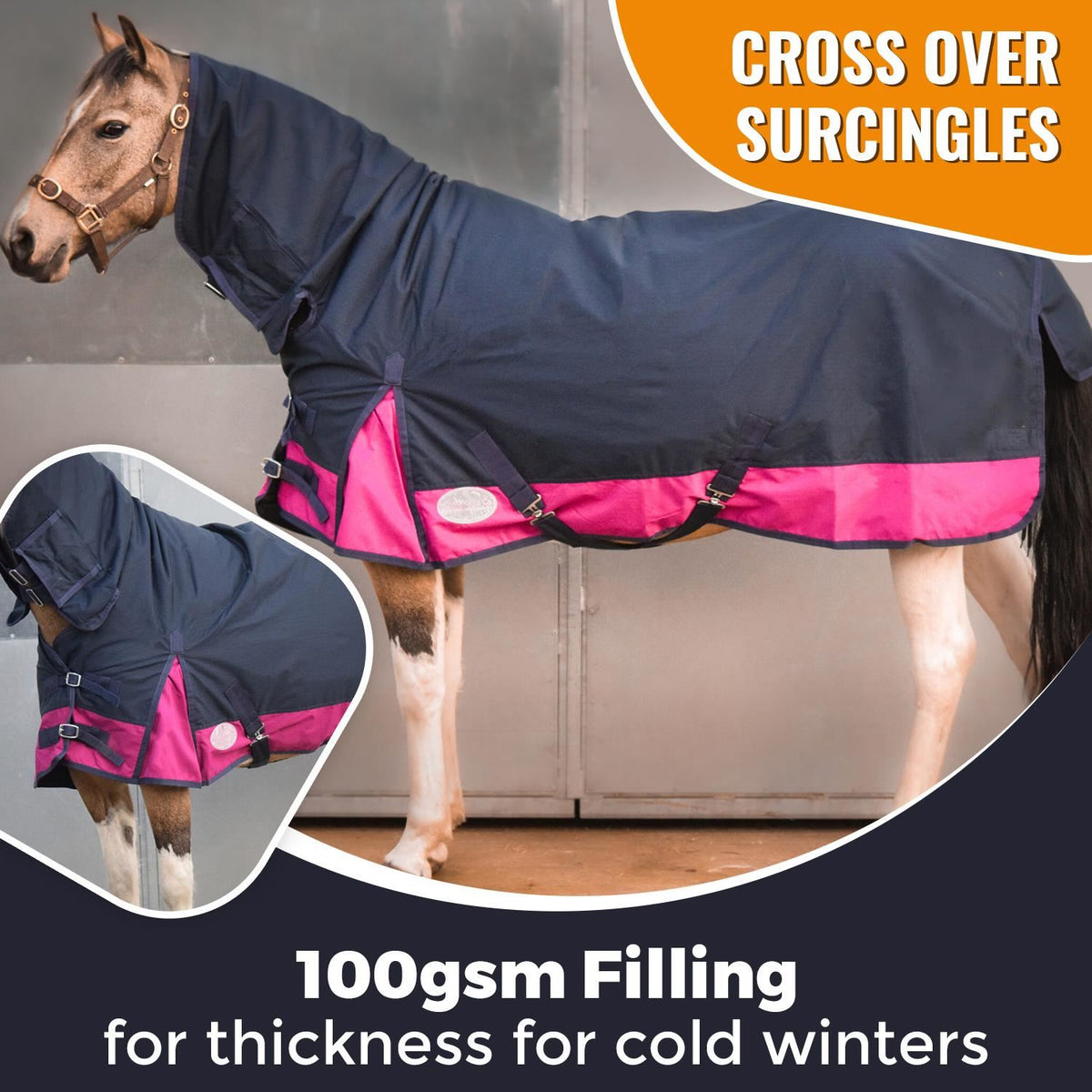 600D Mediumweight Waterproof Horse Turnout Rug 100g Fill Combo Full Neck Navy/Raspberry