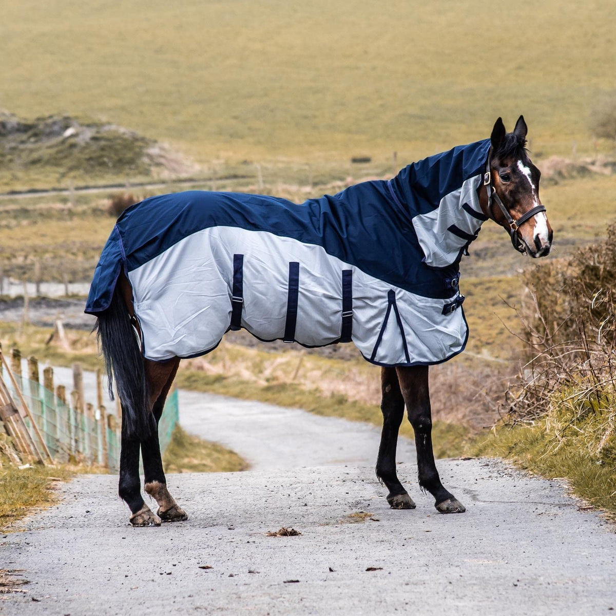 600D 2 in 1 Lightweight Waterproof Fly Turnout Mesh Horse Rug Fixed Neck Navy/Silver
