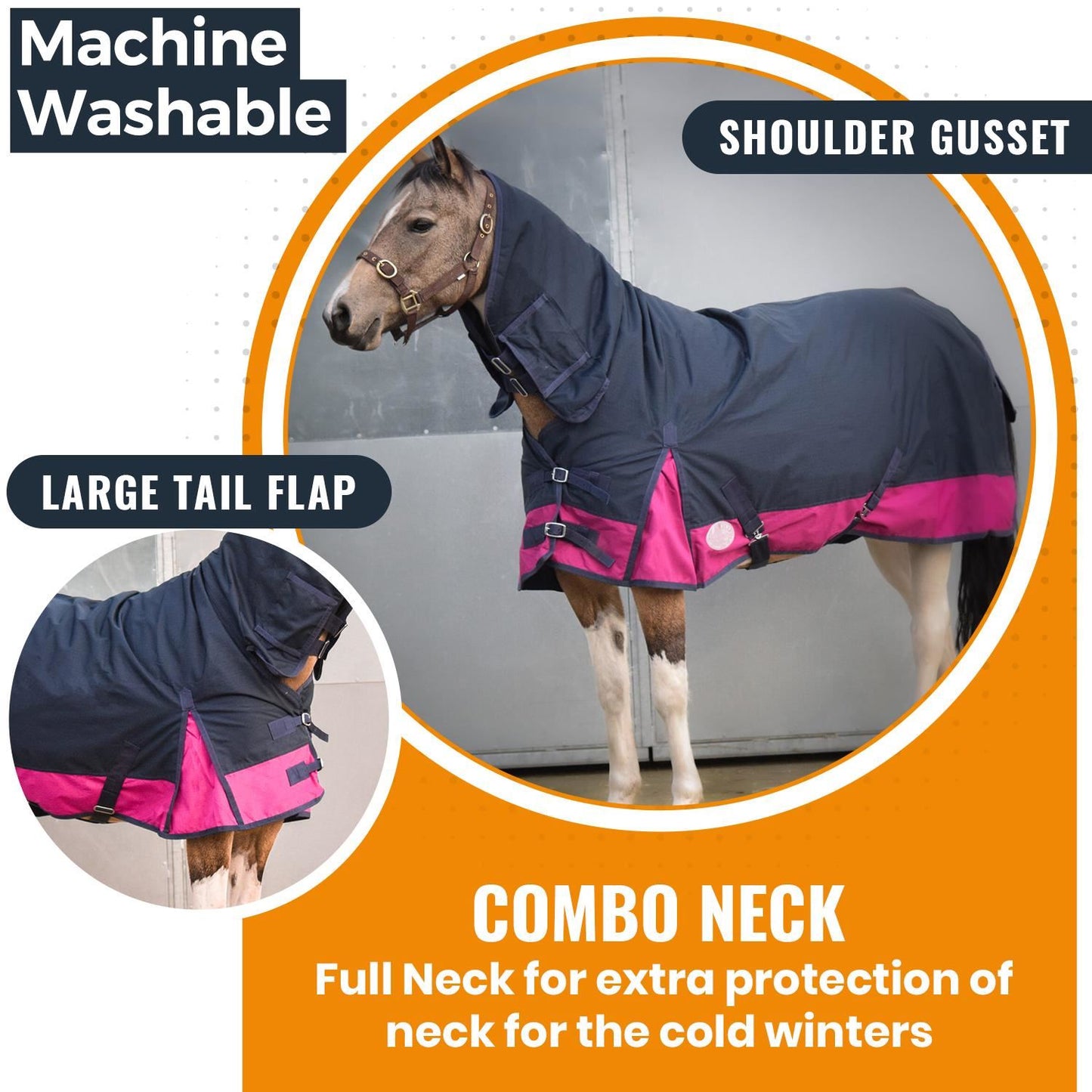 600D Mediumweight Waterproof Horse Turnout Rug 100g Fill Combo Full Neck Navy/Raspberry