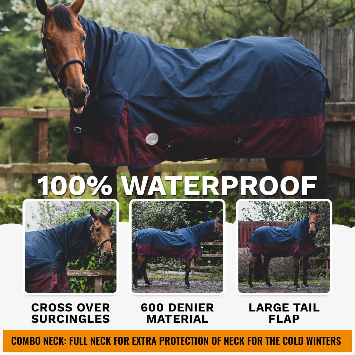 600D Mediumweight Waterproof Horse Turnout Rug 50g Fill Combo Full Neck Navy/Burgundy