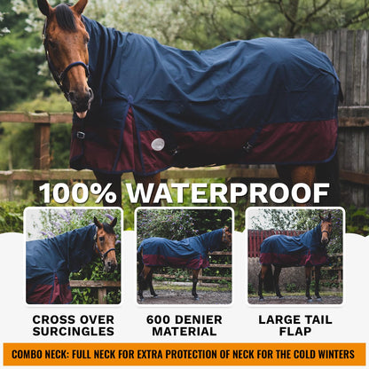 600D Mediumweight Waterproof Horse Turnout Rug 50g Fill Combo Full Neck Navy/Burgundy