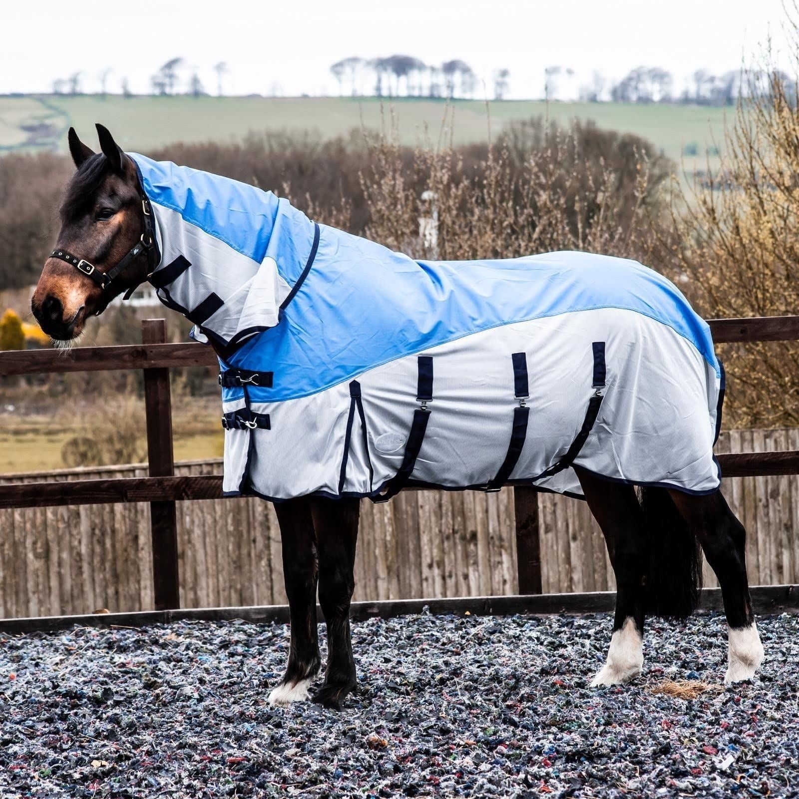 600D 2 in 1 Lightweight Waterproof Fly Turnout Mesh Horse Rug Fixed Neck Blue/Grey