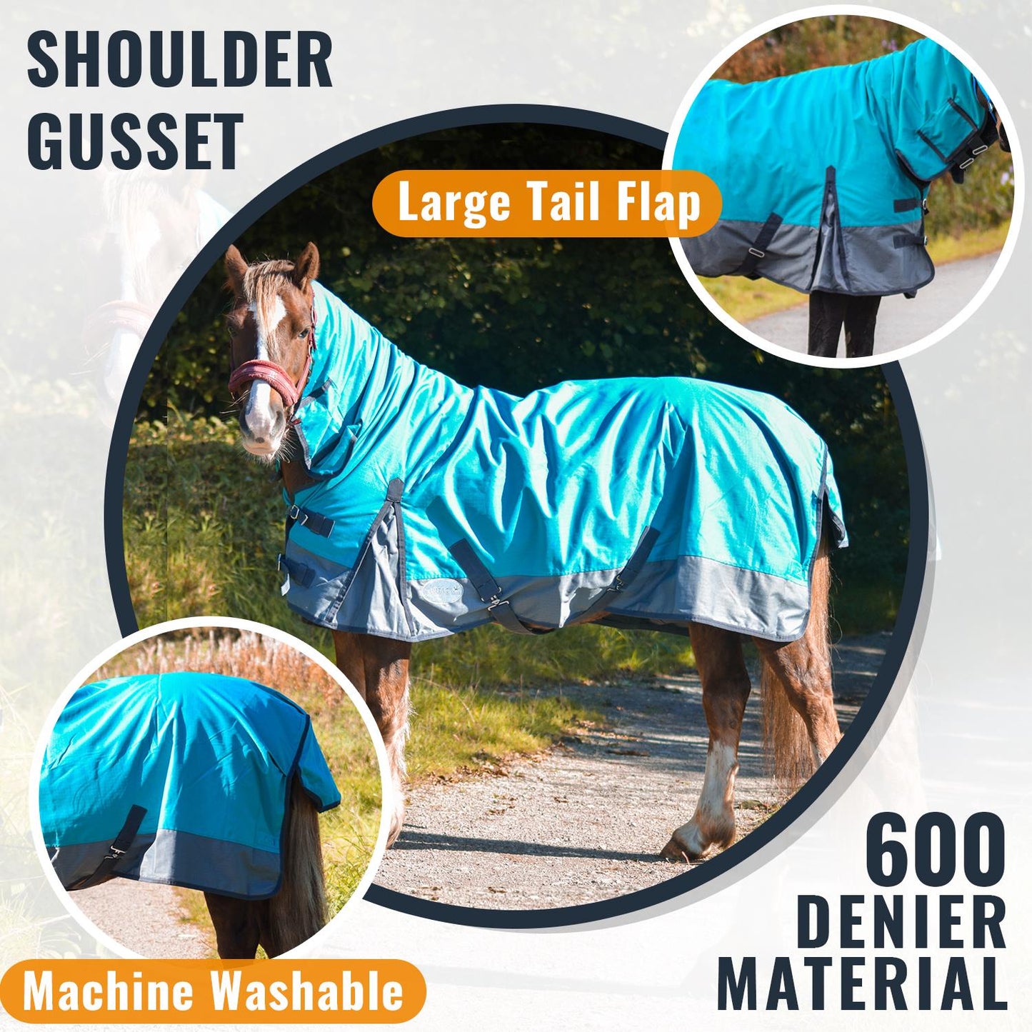 600D Mediumweight Waterproof Horse Turnout Rug 50g Fill Combo Full Neck Aqua/Dark Grey