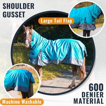 600D Mediumweight Waterproof Horse Turnout Rug 50g Fill Combo Full Neck Aqua/Dark Grey
