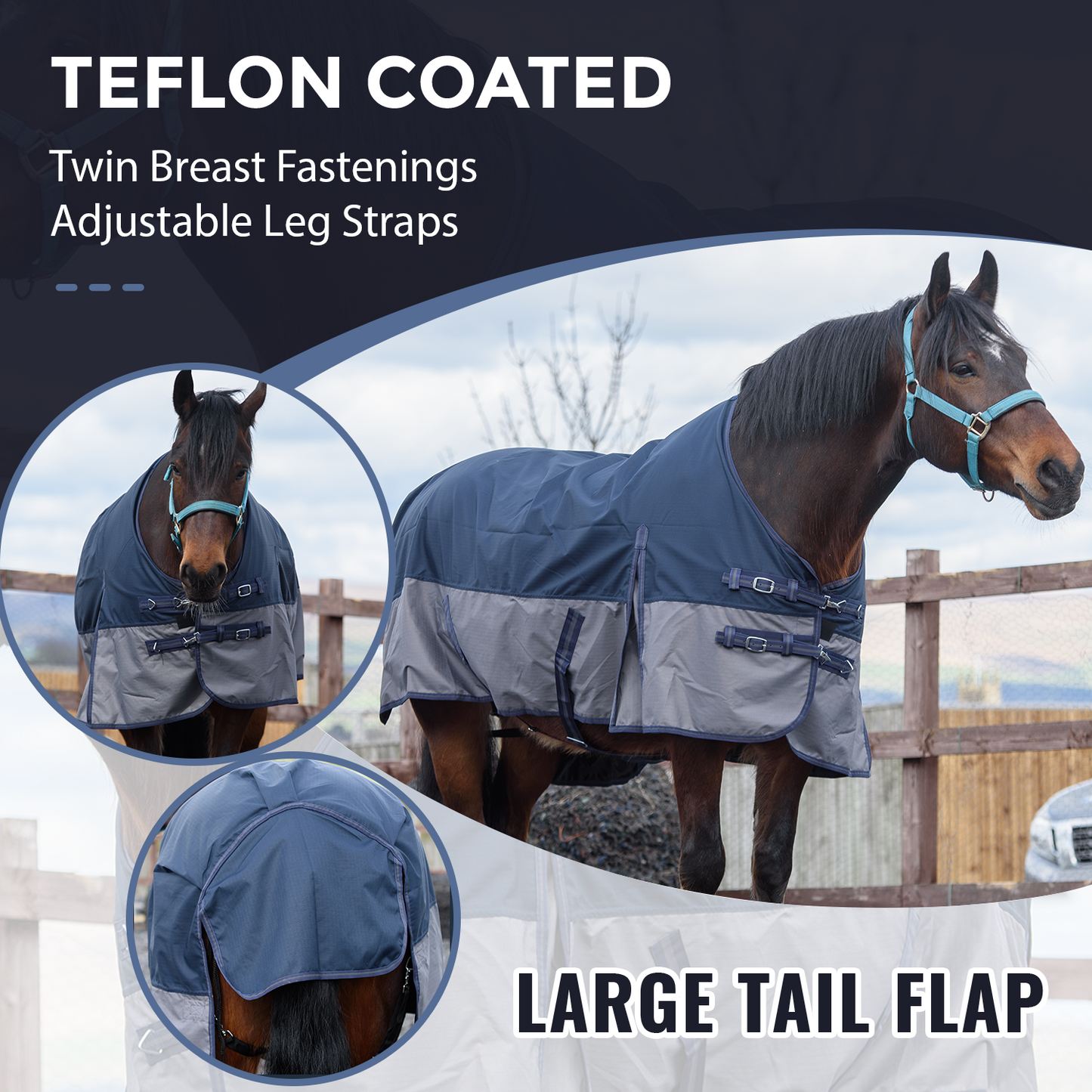 600D Lightweight Waterproof Horse Turnout Rug 0g No Fill Regular Neck Navy/Grey