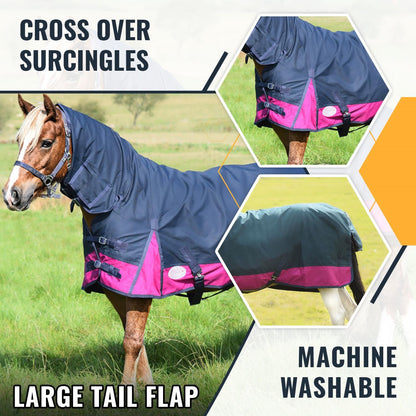 600D Lightweight Waterproof Horse Turnout Rug 0g No Fill Combo Full Neck Navy/Raspberry