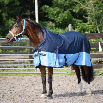 600D Lightweight Waterproof Horse Turnout Rug 0g No Fill Half Neck Navy/Baby Blue