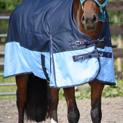600D Lightweight Waterproof Horse Turnout Rug 0g No Fill Half Neck Navy/Baby Blue