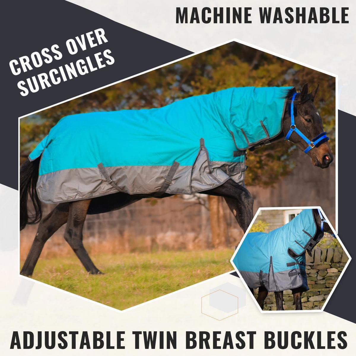 600D Mediumweight Waterproof Horse Turnout Rug 100g Fill Combo Full Neck Aqua/Dark Grey