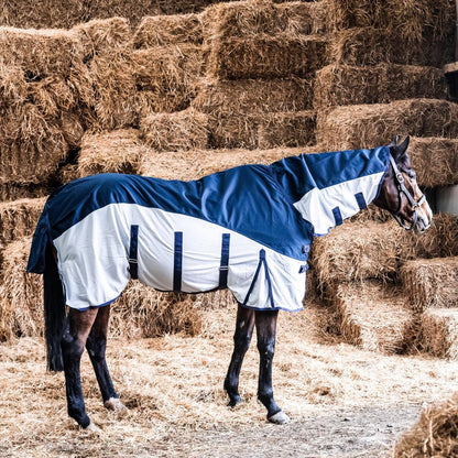 600D 2 in 1 Lightweight Waterproof Fly Turnout Mesh Horse Rug Fixed Neck Navy/Silver