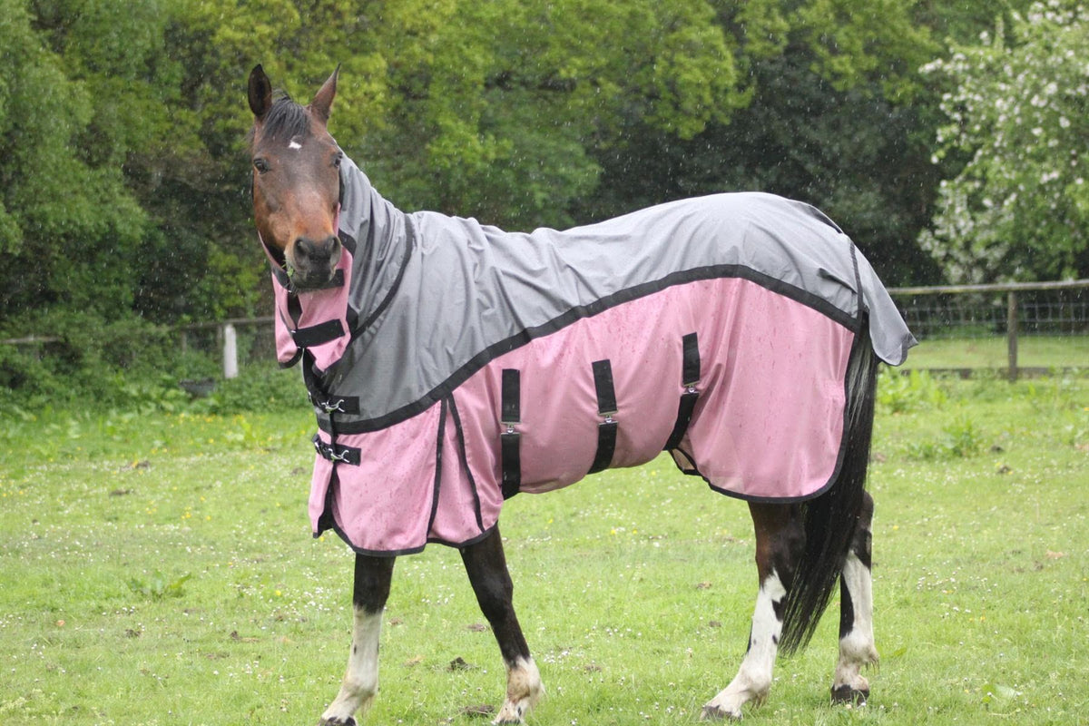 600D 2 in 1 Lightweight Waterproof Fly Turnout Mesh Horse Rug Fixed Neck Grey/Raspberry