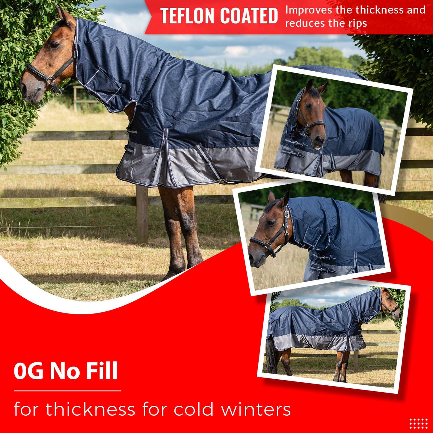 600D Lightweight Waterproof Horse Turnout Rug 0g No Fill Combo Full Neck Navy/Grey