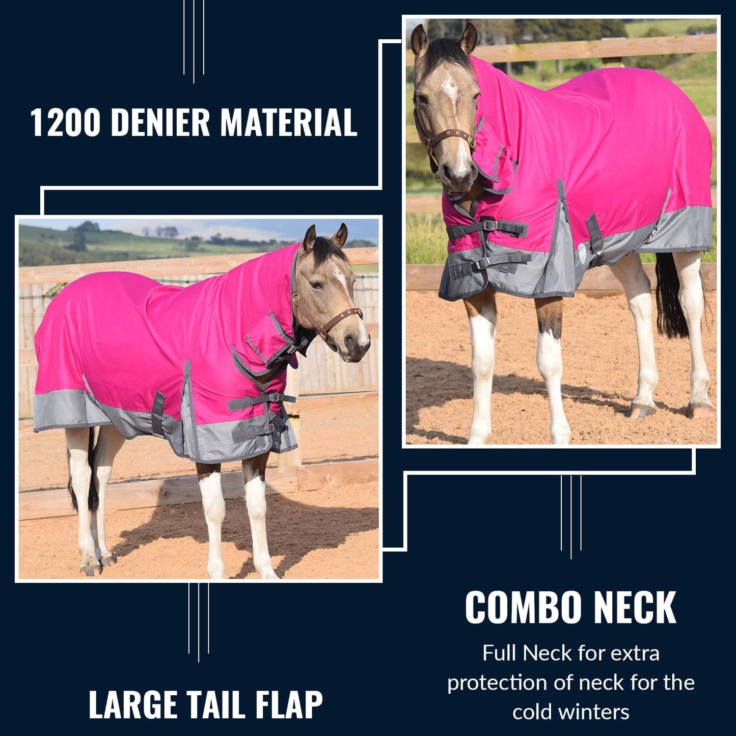 1200D Lightweight Waterproof Horse Turnout Rug 0g No Fill Combo Full Neck Raspberry/Grey