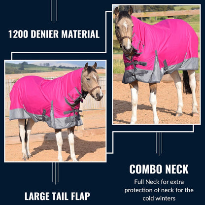 1200D Lightweight Waterproof Horse Turnout Rug 0g No Fill Combo Full Neck Raspberry/Grey