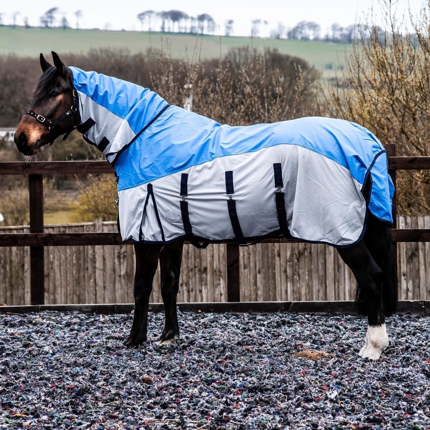 600D 2 in 1 Lightweight Waterproof Fly Turnout Mesh Horse Rug Fixed Neck Blue/Grey