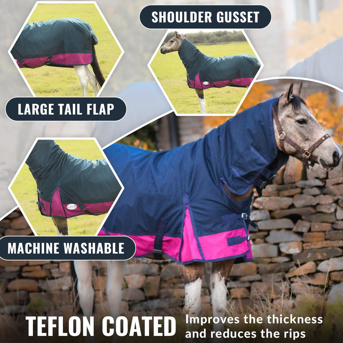 600D Mediumweight Waterproof Horse Turnout Rug 50g Fill Combo Full Neck Navy/Raspberry