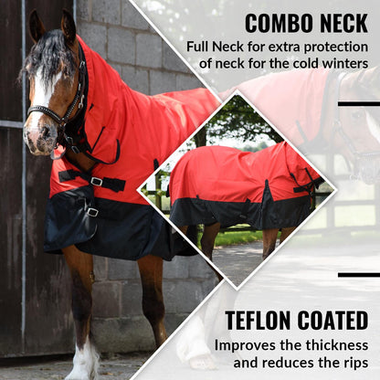 600D Mediumweight Waterproof Horse Turnout Rug 50g Fill Combo Full Neck Red/Black