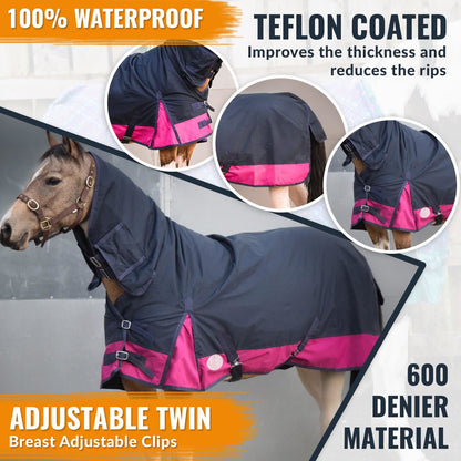600D Mediumweight Waterproof Horse Turnout Rug 100g Fill Combo Full Neck Navy/Raspberry