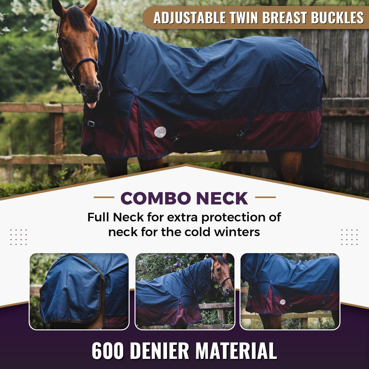 600D Lightweight Waterproof Horse Turnout Rug 0g No Fill Combo Full Neck Navy/Burgundy