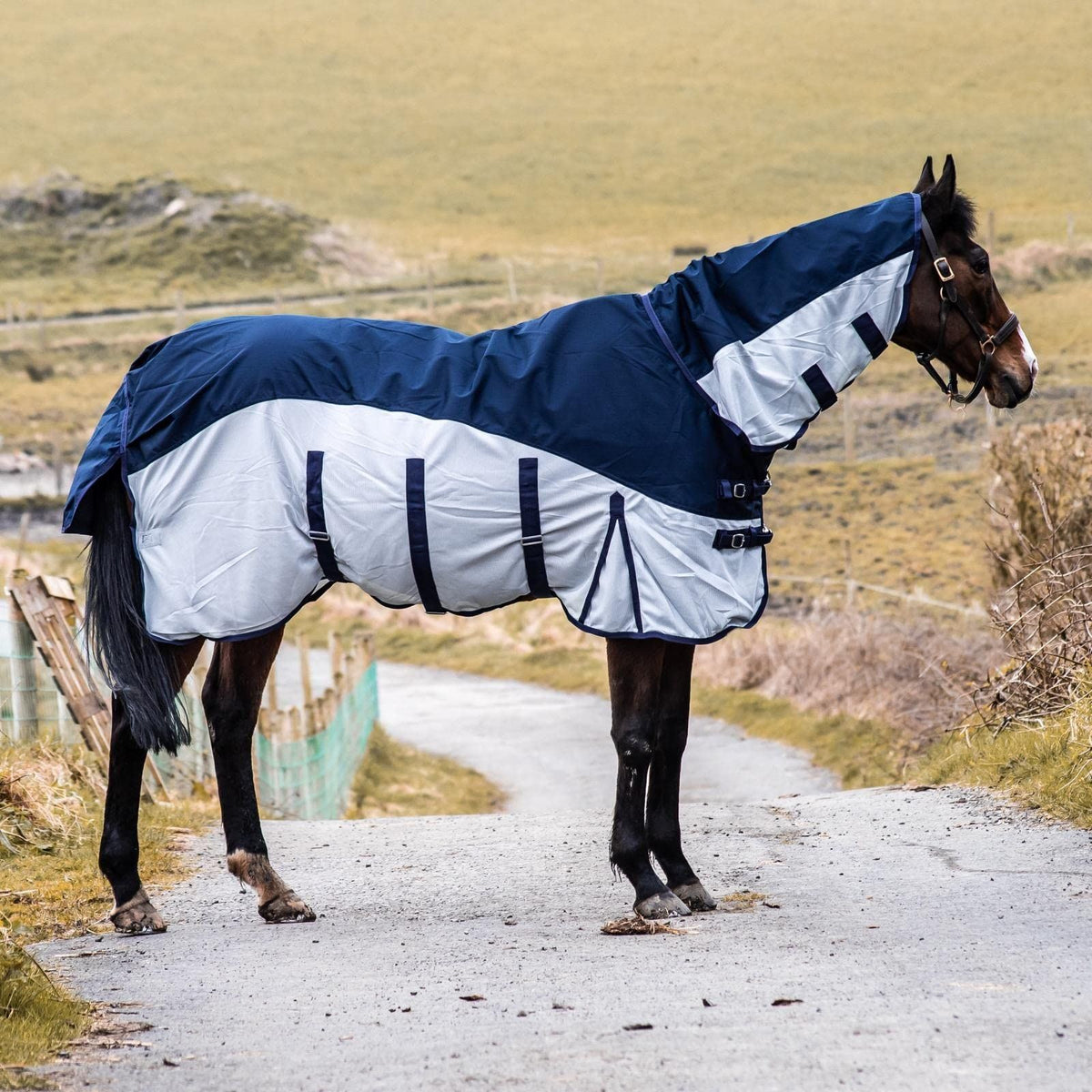 600D 2 in 1 Lightweight Waterproof Fly Turnout Mesh Horse Rug Fixed Neck Navy/Silver