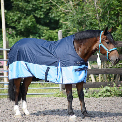 600D Lightweight Waterproof Horse Turnout Rug 0g No Fill Half Neck Navy/Baby Blue