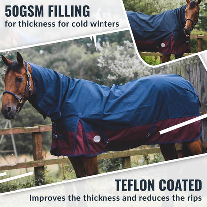 600D Mediumweight Waterproof Horse Turnout Rug 50g Fill Combo Full Neck Navy/Burgundy