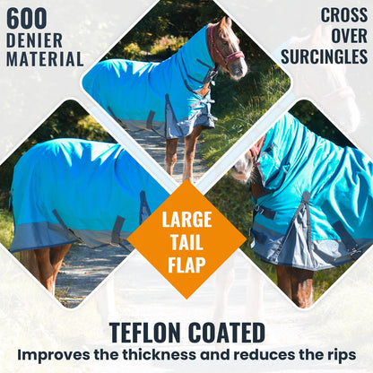 600D Lightweight Turnout Horse Rug Water Resistant Combo Neck Aqua/Grey 5'3-6'9