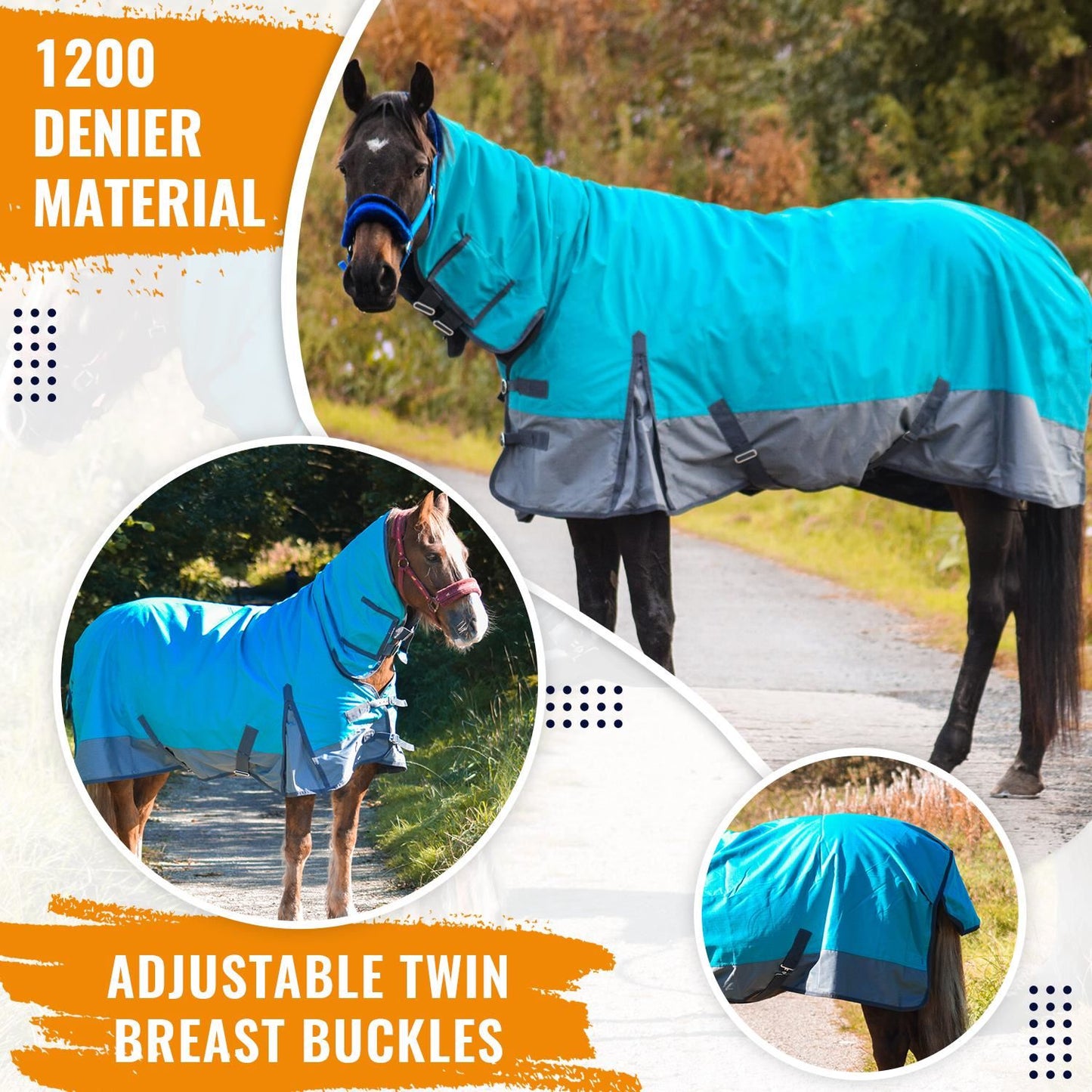 1200D Lightweight Waterproof Horse Turnout Rug 0g No Fill Combo Full Neck Aqua/Dark Grey