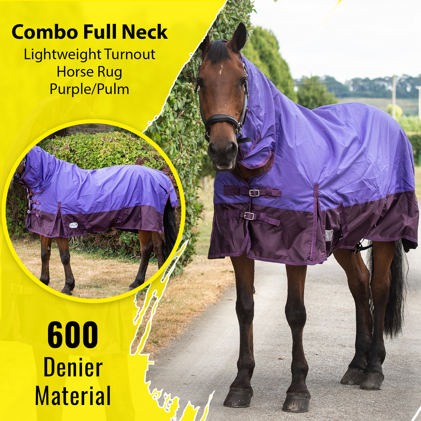 600D Mediumweight Waterproof Horse Turnout Rug 100g Fill Combo Full Neck Purple/Plum