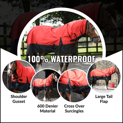 600D Mediumweight Waterproof Horse Turnout Rug 50g Fill Combo Full Neck Red/Black