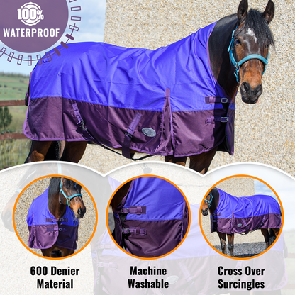 600D Lightweight Waterproof Horse Turnout Rug 0g No Fill Half Neck Purple/Plum