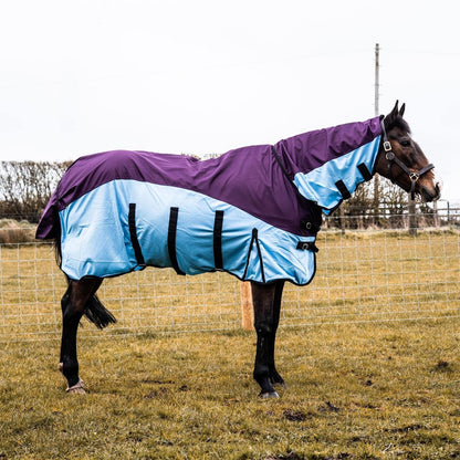 600D 2 in 1 Lightweight Waterproof Fly Turnout Mesh Horse Rug Fixed Neck Burgundy/Blue