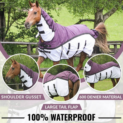 600D 2 in 1 Lightweight Waterproof Fly Turnout Mesh Horse Rug Fixed Neck Burgundy/White