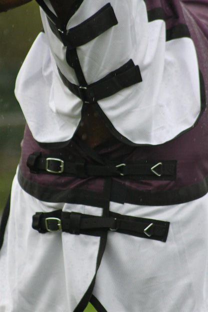 600D 2 in 1 Lightweight Waterproof Fly Turnout Mesh Horse Rug Fixed Neck Burgundy/White