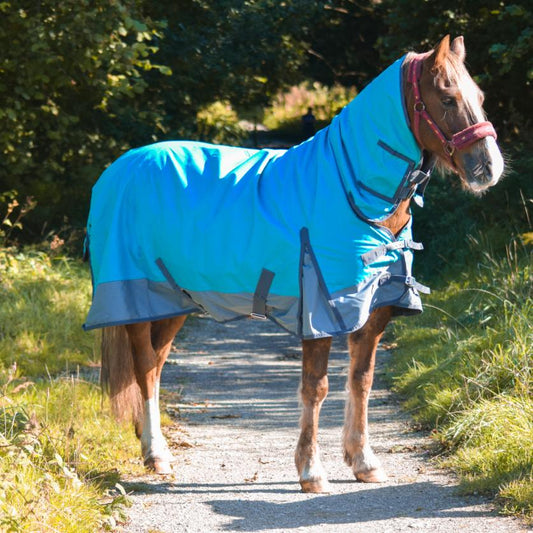 600D Lightweight Turnout Horse Rug Water Resistant Combo Neck Aqua/Grey 5'3-6'9