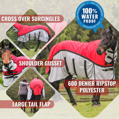 600D 2 in 1 Lightweight Waterproof Fly Turnout Mesh Horse Rug Fixed Neck Red/Grey